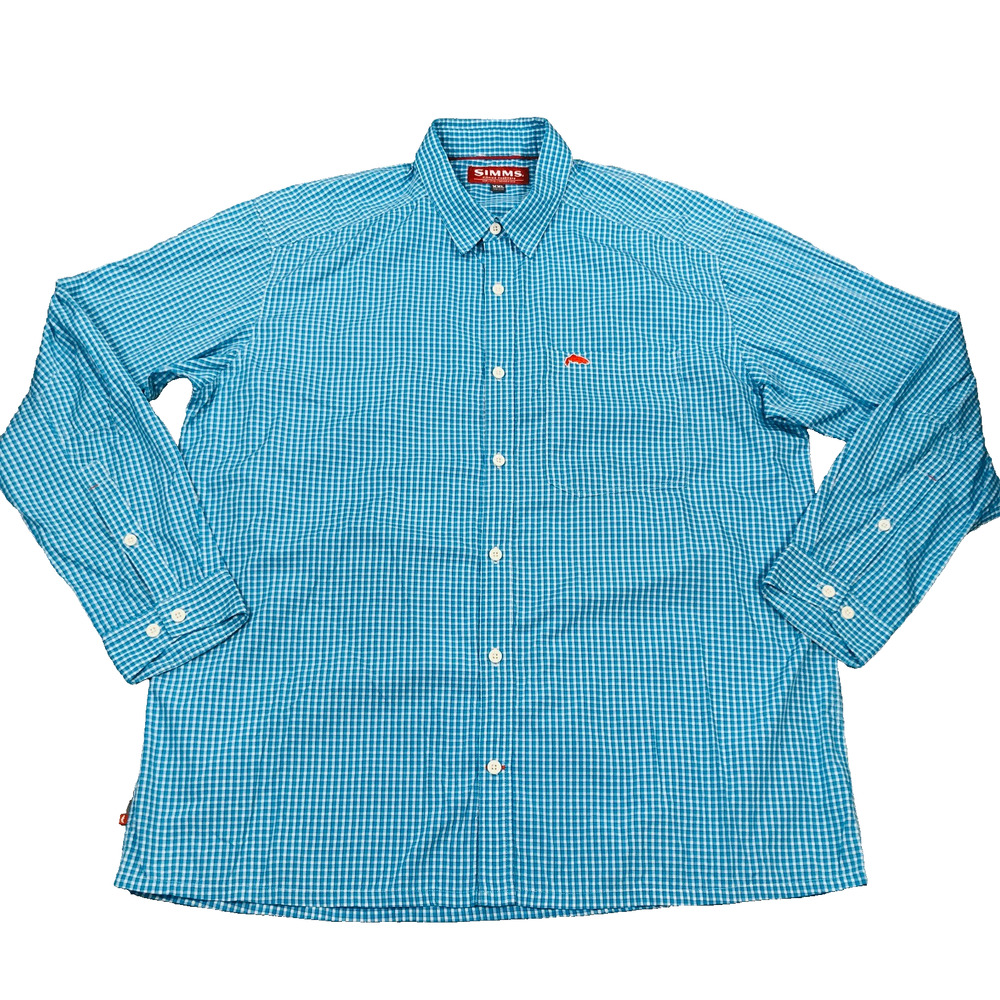 Simms Men's XXL Button Up Shirt Blue White Check Long Sleeve Performance BS17